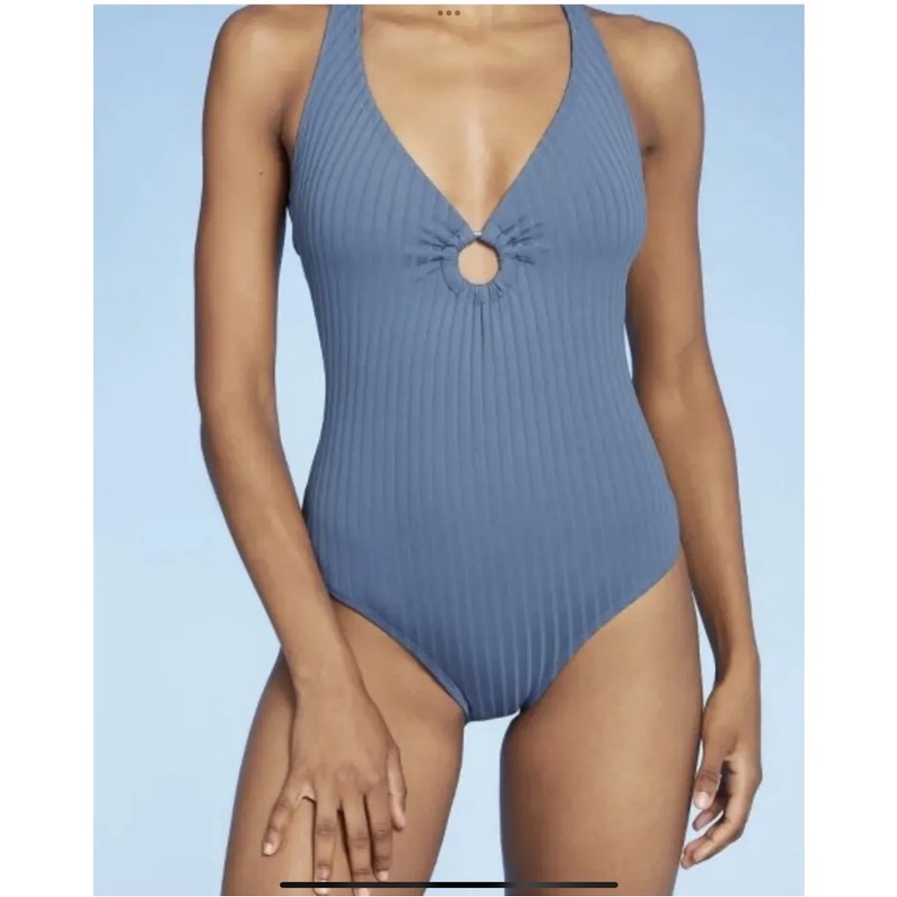 Kona Sol Womens Wide Ribbed One Piece Swim Bathing Suit Blue 
Size Large 12-14